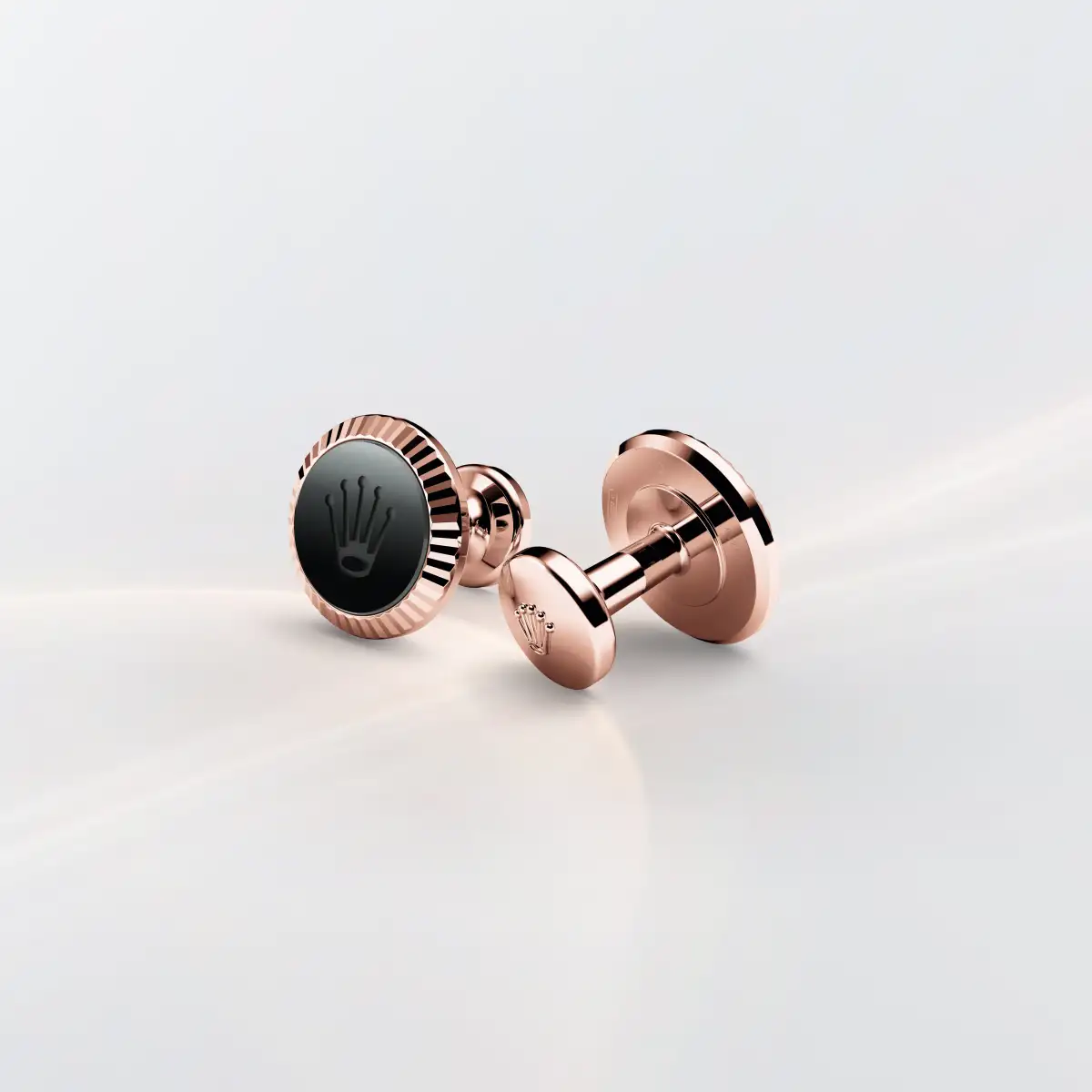 Rolex ‘Fluted’ cufflinks in Everose gold and ceramic, a1035 at Yes and Right Group
