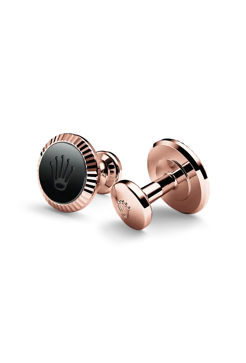 Rolex ‘Fluted’ cufflinks in Everose gold and ceramic, a1035 at Yes and Right Group